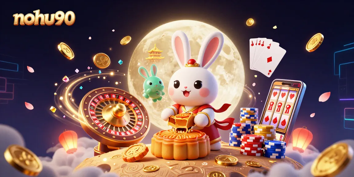 Spin and win big with Nohu90 in this vibrant 3D casino illustration packed with gaming elements.