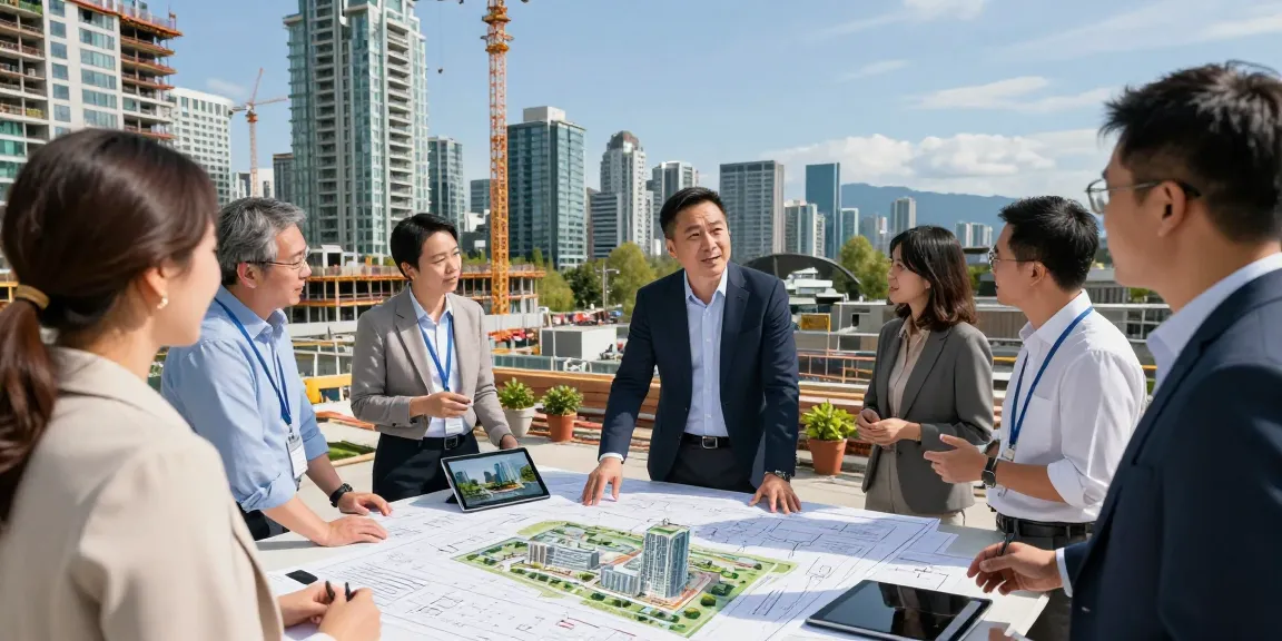 Terry Hui at a construction site discussing sustainable urban development with architects and planners.