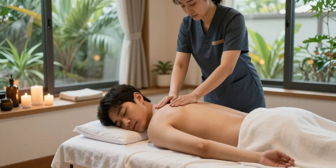 편안한 제주 마사지 치료를 받는 남성의 모습, 아로마 테라피 조명과 자연 채광이 어우러진 공간