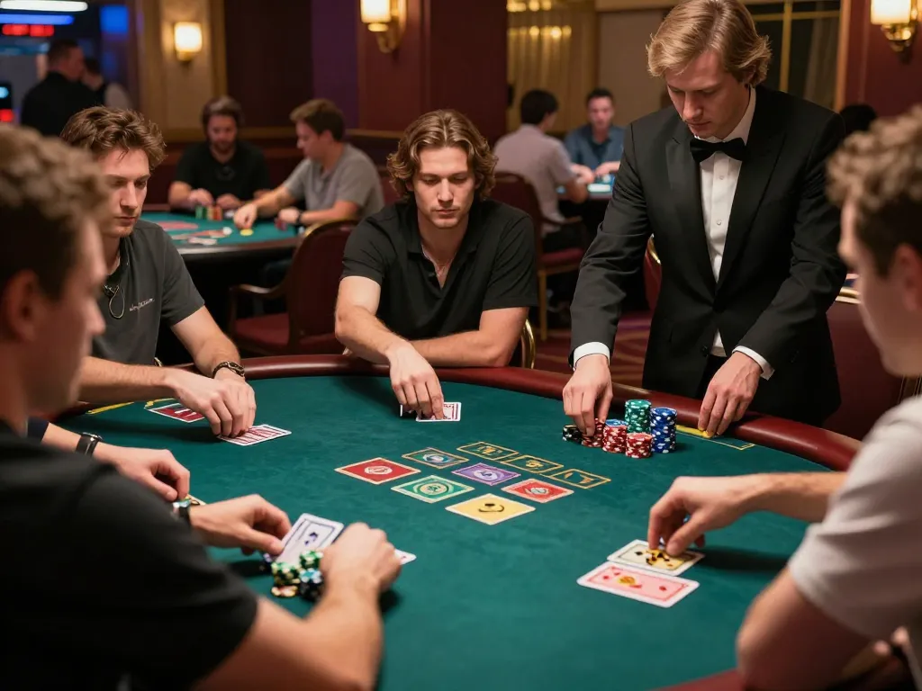 Exciting poker action at a high-stakes table, players immersed in game strategies at kim999 casino.