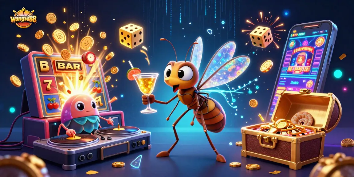 Experience thrilling gaming with wangsa88 as the casino mascot amidst dynamic slot and jackpot action.