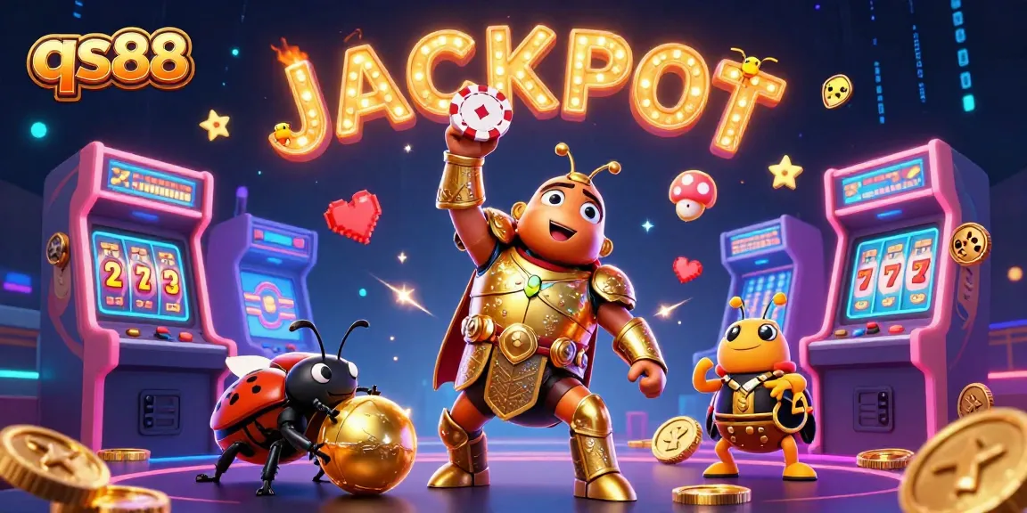 Experience the excitement of qs88 as a heroic beetle lifts a poker chip, surrounded by vibrant casino elements.