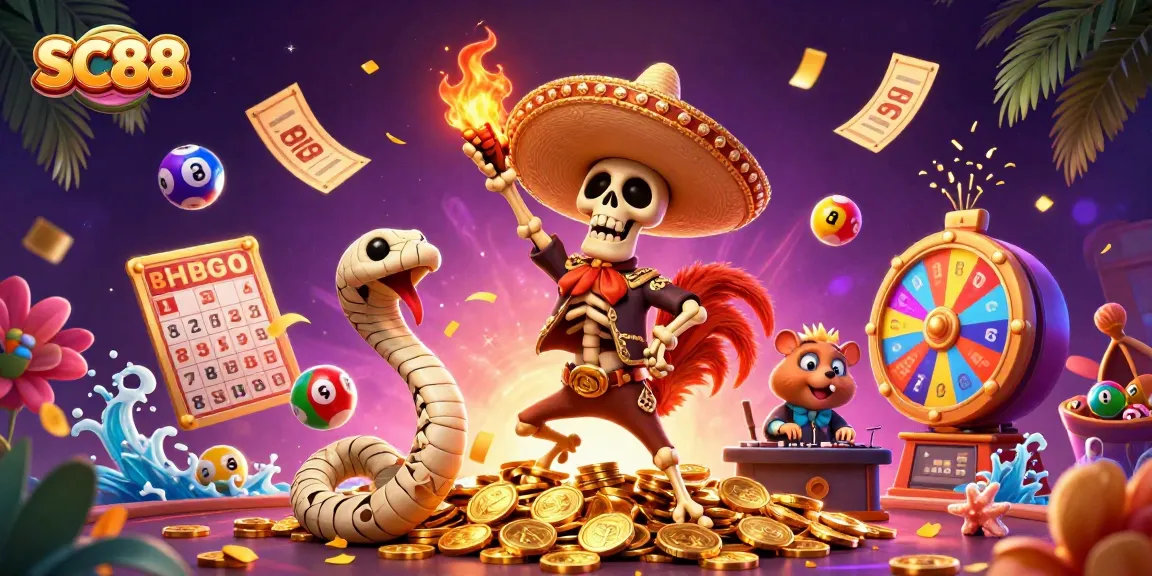 Experience the vibrant casino adventure of SC88 with a dancing mariachi rooster, a mummy snake, and a DJ hamster amidst golden coins and lottery excitement.