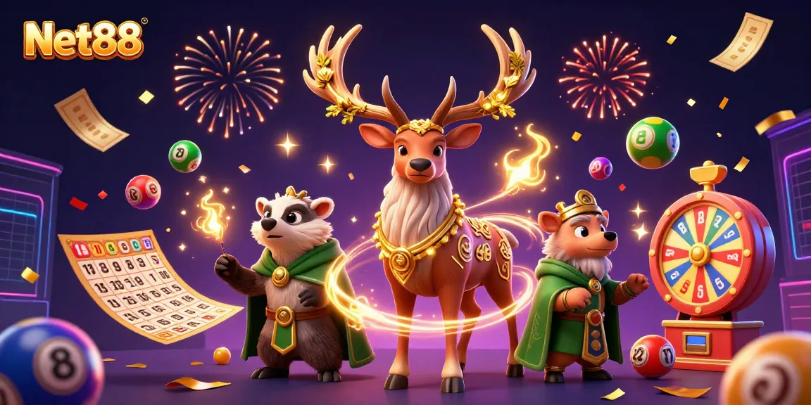 Experience exhilarating gameplay at Net88 with vibrant lottery and casino elements dynamically arranged.