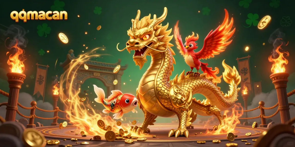 Mainkan qqmacan dalam ilustrasi penuh warna yang menampilkan naga emas, burung phoenix, dan ikan koi.