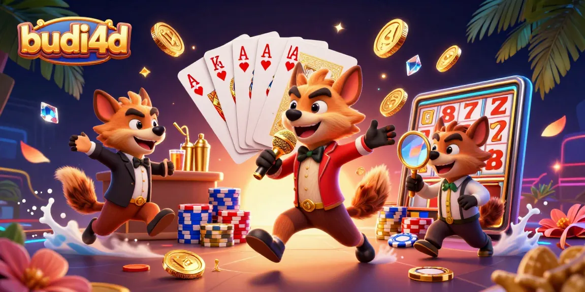 budi4d promotes excitement in a casino scene, featuring hyena characters entertaining with cocktails, jokes, and vibrant casino elements.