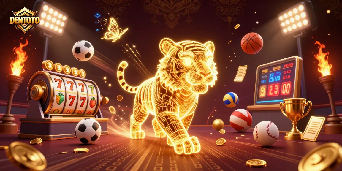 DENTOTO brings excitement with a 3D golden tiger in a vibrant digital casino scene full of dynamic spinning slots, trophies, and sports elements.