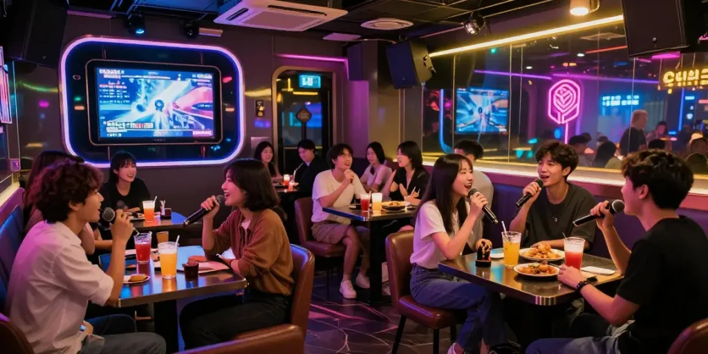 달토에서 즐거운 시간을 보내는 젊은이들, 강남의 활기찬 가라오케 바 풍경