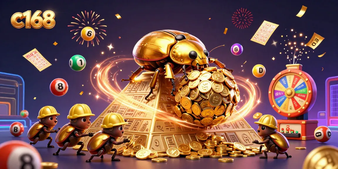 Engaging c168 experience showcasing golden beetles rolling coins with vibrant casino elements