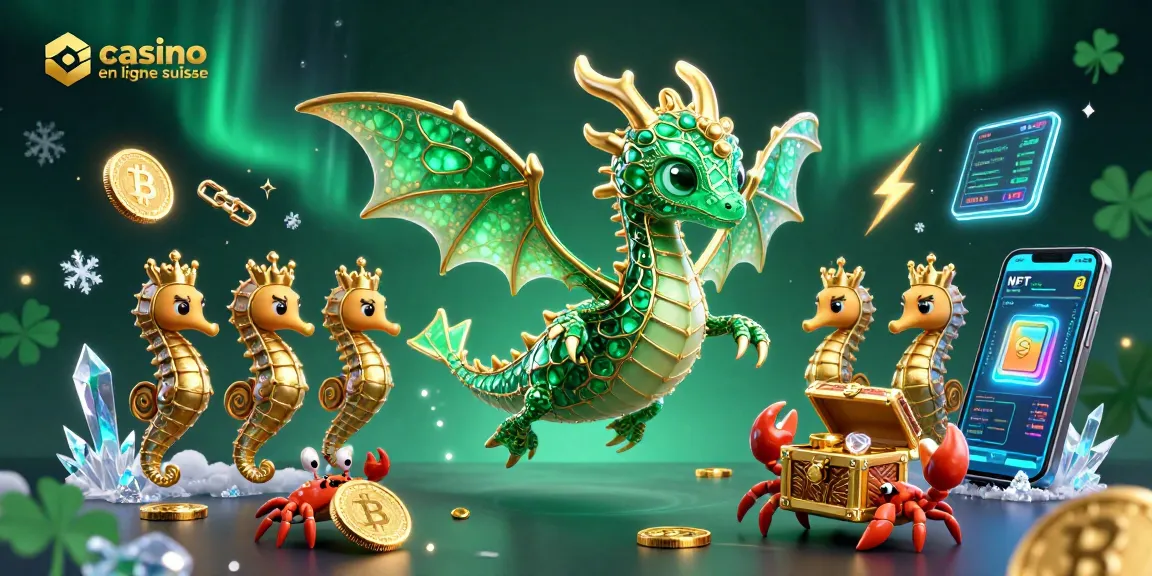 Les jeux au casino en ligne suisse avec un dragon de mer et des éléments de crypto-monnaie.