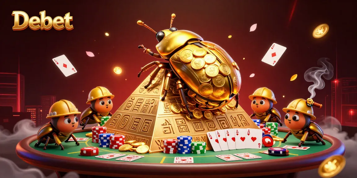 Debet offers an exciting gambling experience with golden beetles, poker chips, and casino elements.