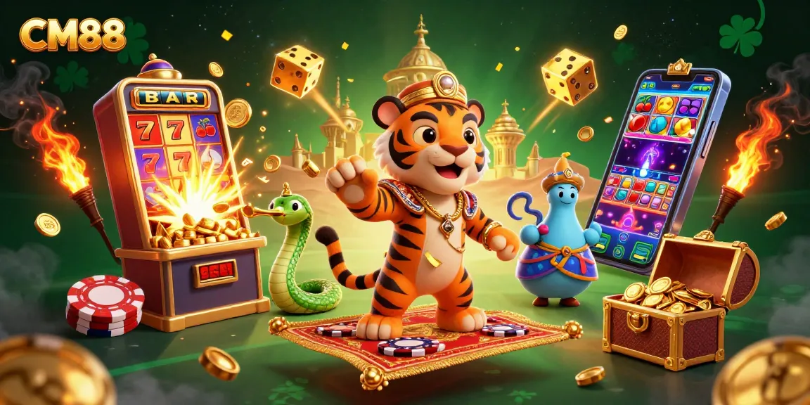 Spin to win at CM88 with a vibrant 3D casino scene featuring exciting slot machines and a tiger sultan!