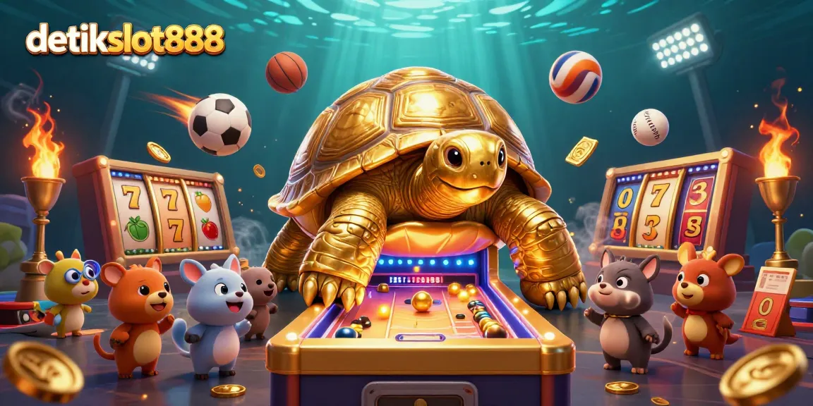 Engage with detikslot888's dynamic 3D illustration showcasing thrilling slot gameplay with fun characters.