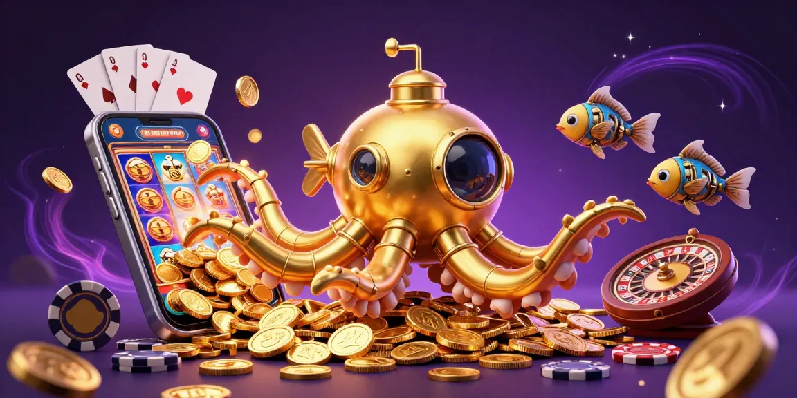 Play thrilling games at f168 with a captivating golden kraken submarine amidst golden coins and casino elements.