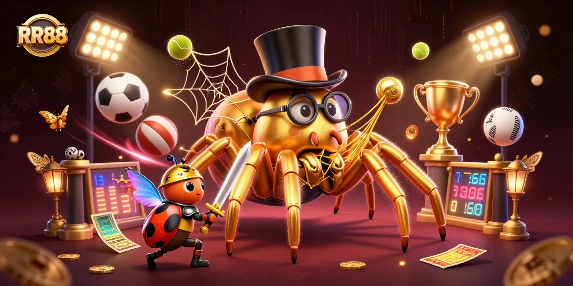 Join the excitement at RR88 with a golden tarantula and beetle knight amidst vibrant casino elements.