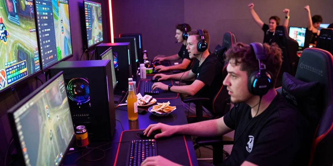 Players enjoying rokok88 online gaming in a vibrant gaming lounge.