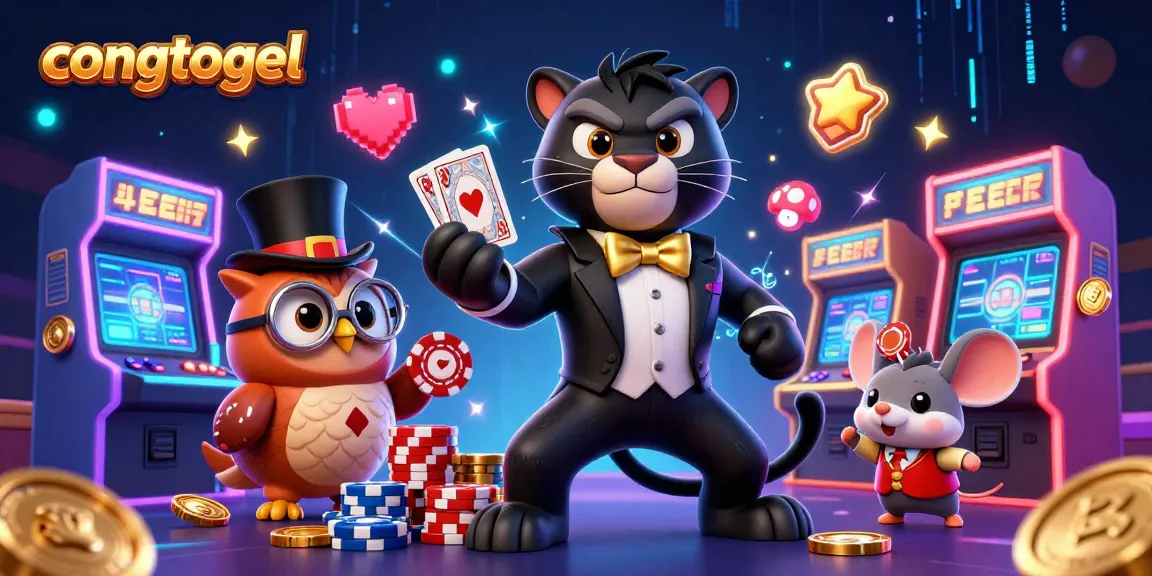 Engage in congtogel action with a stylish panther dealer, owl, and lucky mouse in this vibrant casino scene.