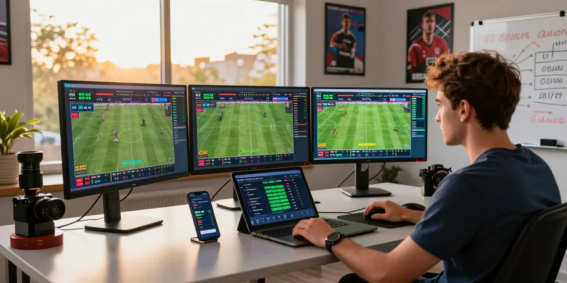Scène de pari sportif dynamique illustrant un bookmaker sans limite avec un parieur analysant les cotes sur plusieurs écrans.