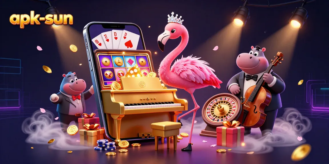 Experience vibrant gameplay actions with apk-sun in this lively 3D casino illustration showcasing dynamic characters and gaming elements.
