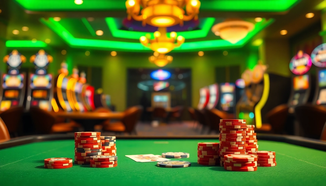 QQWIN4D menampilkan meja kasino yang elegan dengan chip poker berkilauan dan kartu di tengah suasana yang hidup.