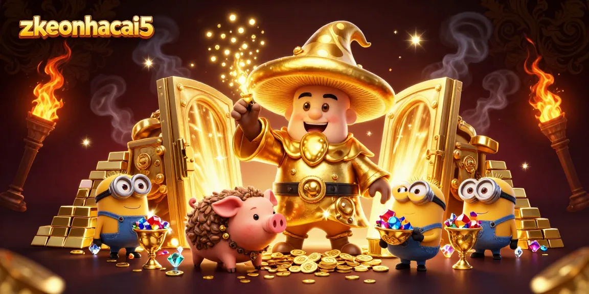 Experience magic with zkeonhacai5 as a golden wizard conjures treasures in a vibrant casino scene.