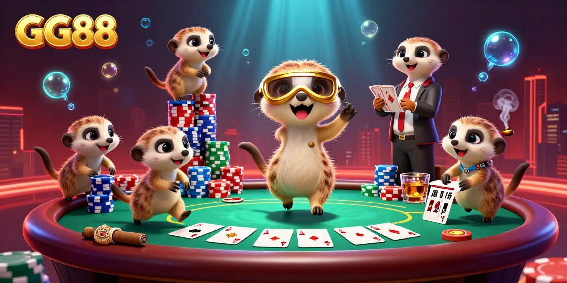 Win big with GG88's lively meerkat casino scene, featuring card games and vibrant casino elements.