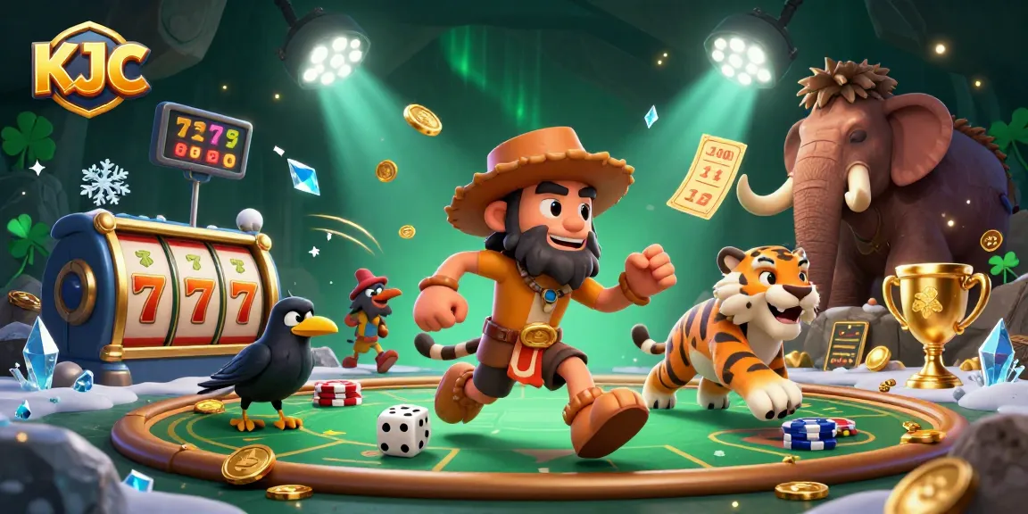 Experience exciting gaming at KJC's prehistoric casino with dynamic slot reels and colorful characters.