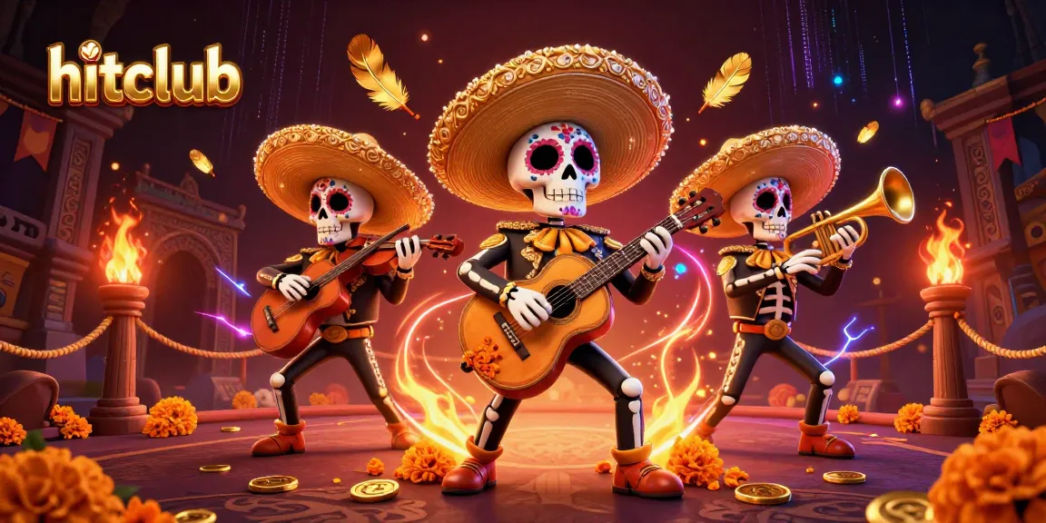 Engage with hitclub's vibrant gaming atmosphere with 3D mariachi skeletons celebrating in a lively casino.