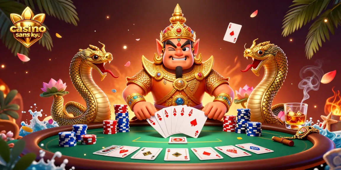 Jouez au casino sans KYC avec des gardiens animés, des jetons et des cartes au centre d'une scène vibrante.