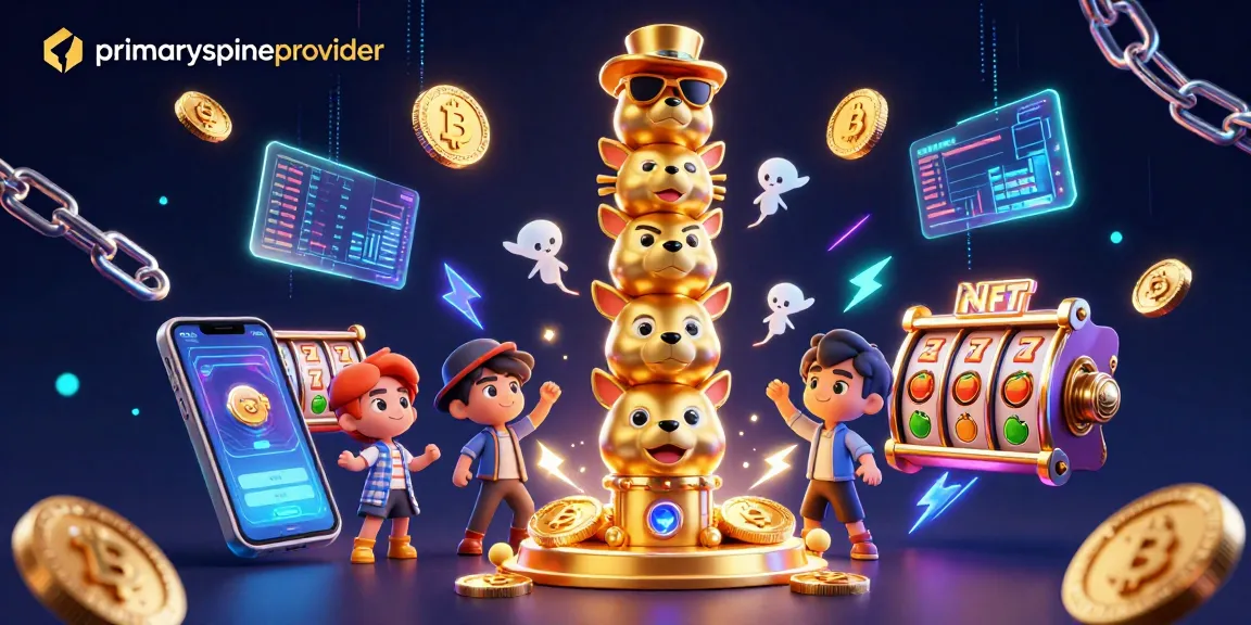 Menang di primaryspineprovider dengan simbol jackpot, koin cryptocurrency dan efek neon yang menarik.