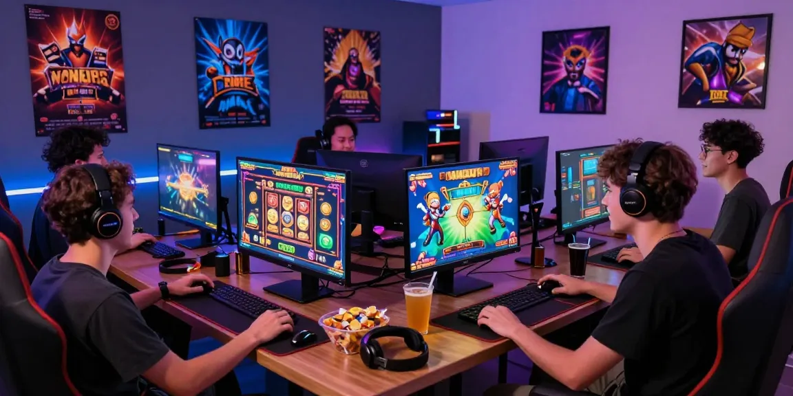 Friends enjoying a gaming night on a situs gacor, colorful slot game action and cozy atmosphere.