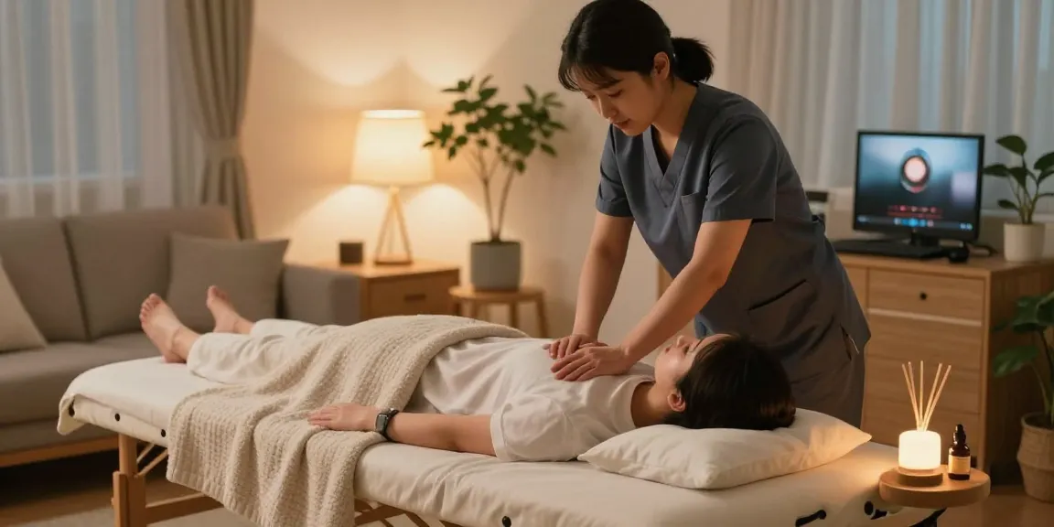 Seong's 고급 서울출장안마 service delivering a relaxing massage at home with soothing atmosphere and therapist.
