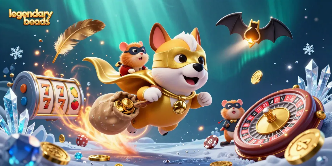 Experience legendarybeads excitement as a superhero dog delivers gold coins in a vibrant casino scene.