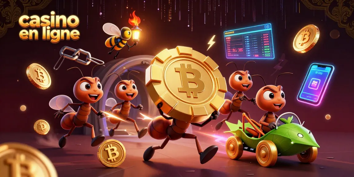 Découvrez des astuces de casino en ligne avec une équipe de fourmis en pleine action pour gagner des gains dorés.