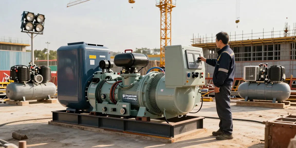 Gas generator powering construction site equipment with technician inspecting controls.