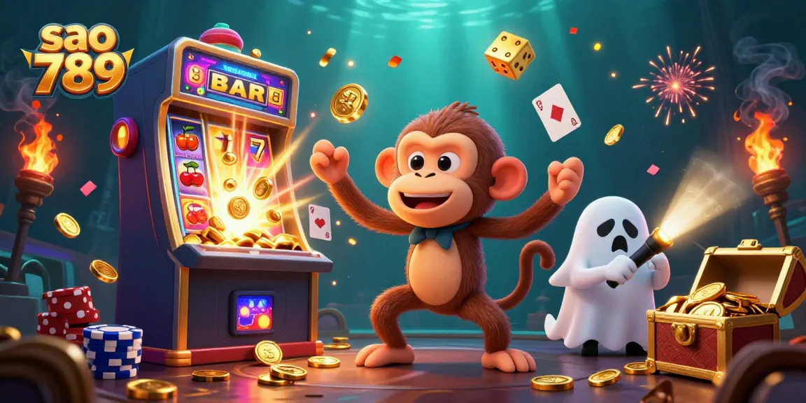 Experience the thrill with sao 789 as a mischievous poltergeist monkey juggles golden coins in a haunted casino.