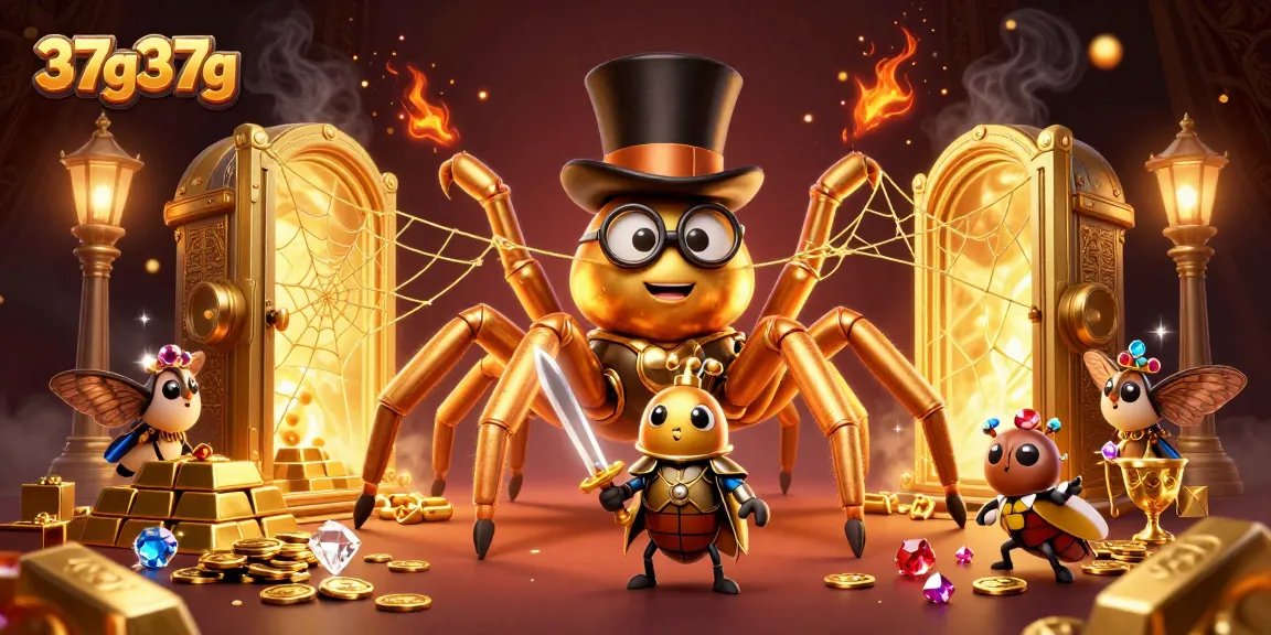 A cena vibrante do 37g37g apresenta uma aranha dourada e um cavaleiro besouro pronto para ação.
