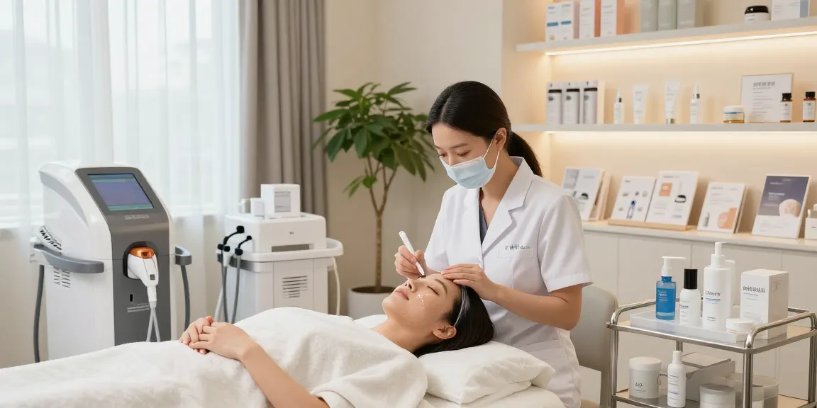 물광필링을 적용한 현대적인 피부관리 치료 공간에서 피부과 전문의가 환자의 얼굴에 수분 공급 시술을 진행하는 모습