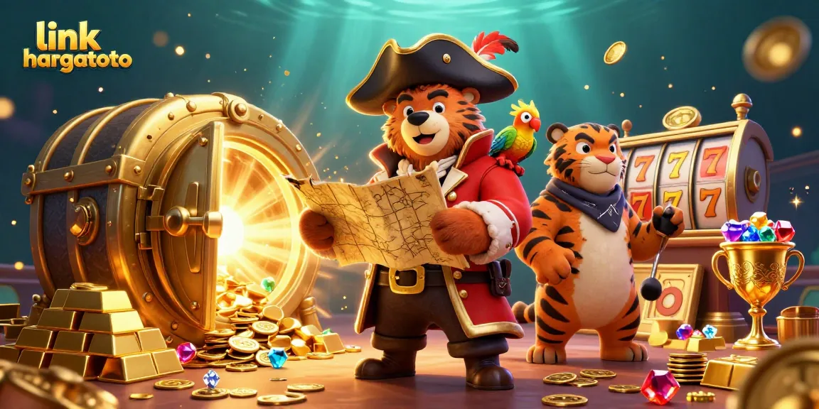 Spin to win at link hargatoto with a pirate-themed treasure hunt illustration!