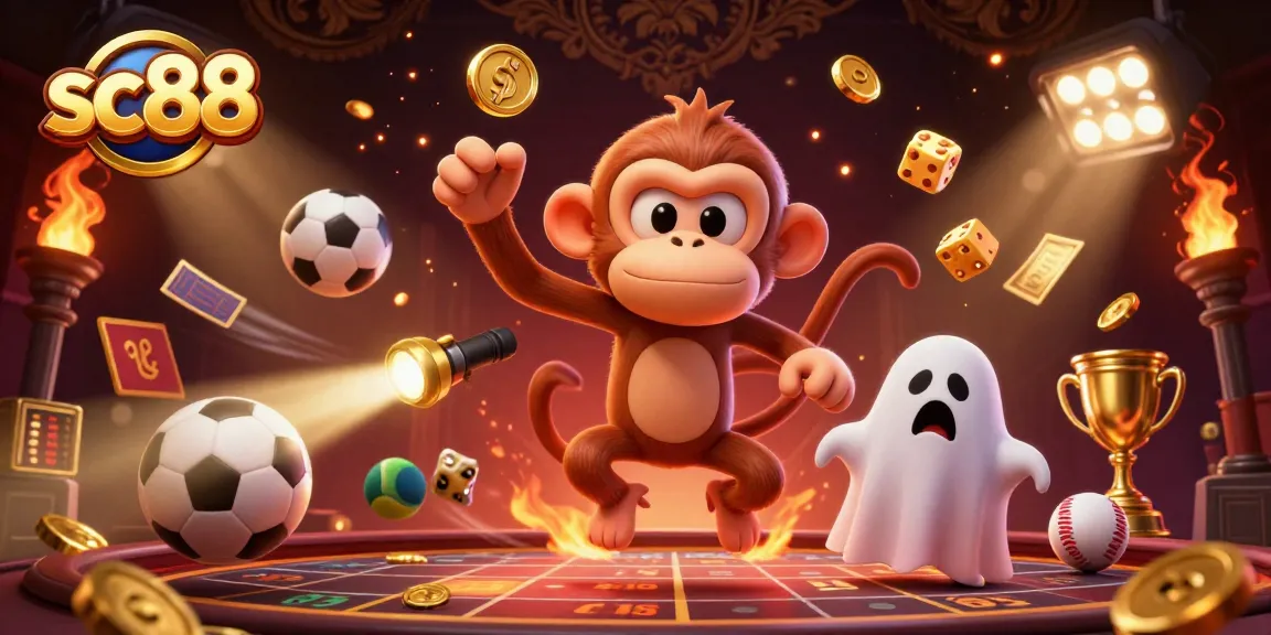 Experience thrilling bets at sc88 with a playful poltergeist monkey and a brave puppy in a lively casino scene.