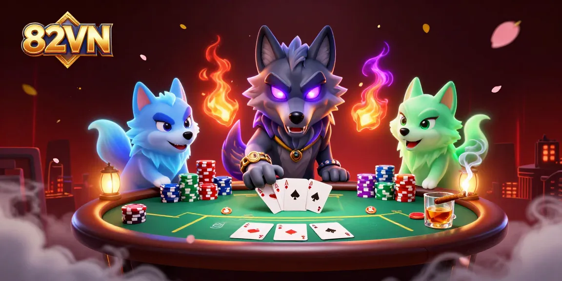 Experience thrilling casino action at 82VN with a dynamic scene of animated poker gameplay featuring ghostly wolves.