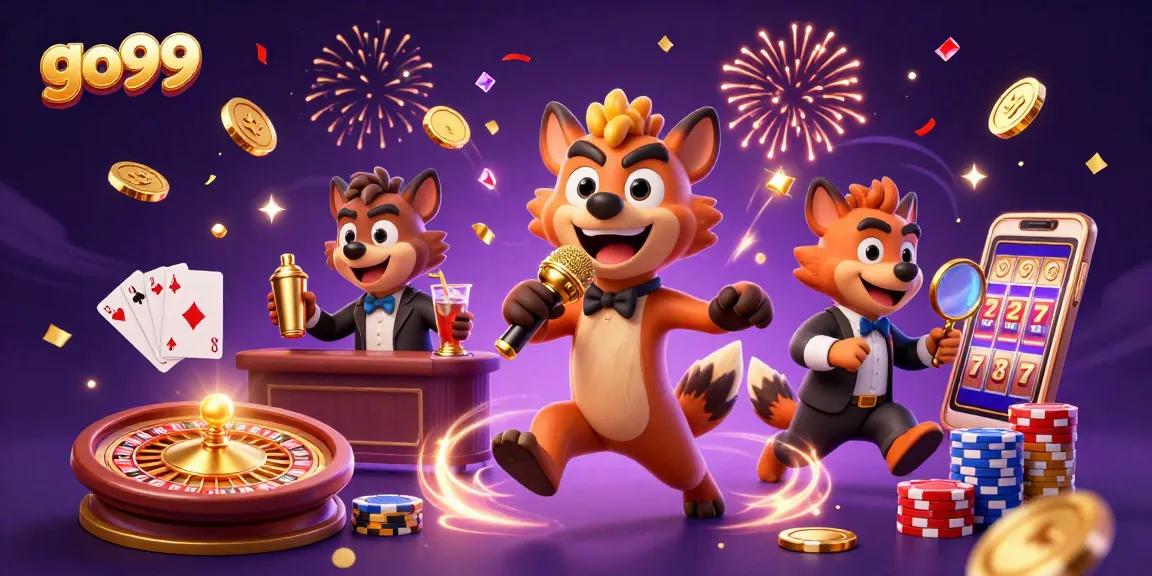 Experience the vibrant energy of go99's casino with lively hyenas engaging in gaming activities.