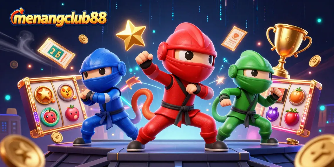 Win big with menangclub88 while enjoying vibrant, dynamic 3D ninja chameleons in a playful gaming scene.