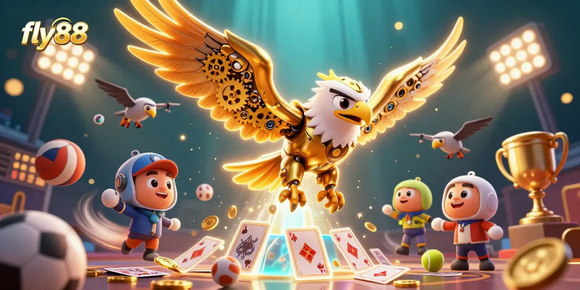 Experience thrilling gameplay at fly88 featuring a golden eagle conquering a vivid array of casino elements.