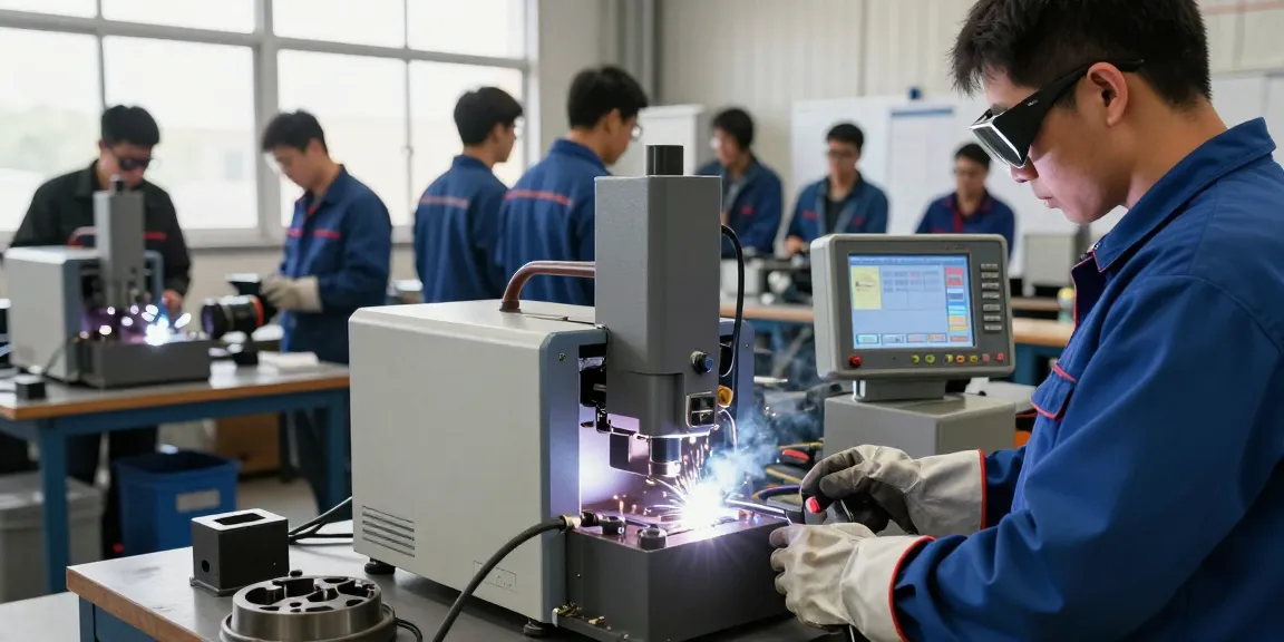 Technician using an induction welder in a bustling workshop with advanced equipment and safety measures.