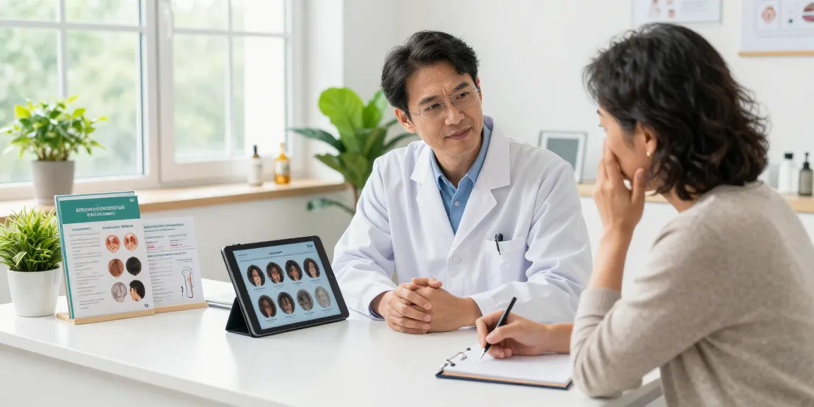 Expert consultation on haarausfall in a bright clinic with professional dermatologist and patient.