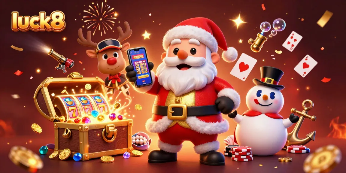 Experience exciting wins with luck8 at this vibrant casino illustration featuring Santa and friends.