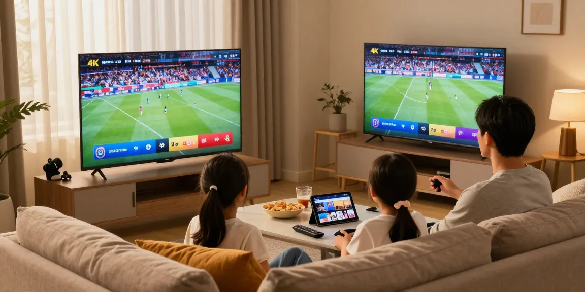 Une famille profitant de leur abonnement IPTV dans un salon moderne avec une télévision intelligente affichant du contenu sportif en 4K.