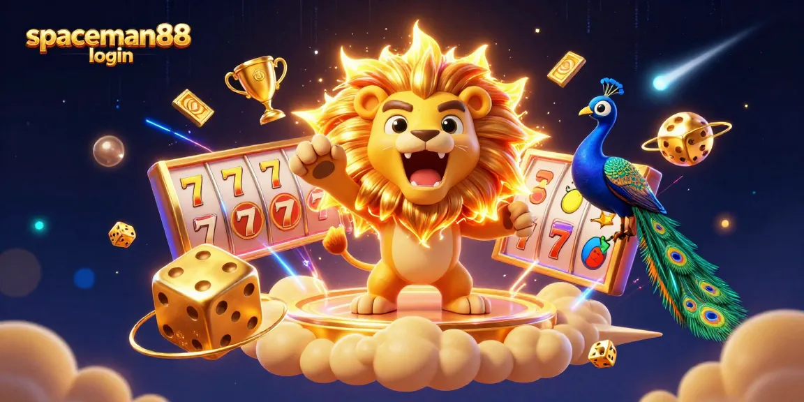 Experience the thrill with spaceman88 login, showcasing vibrant slot reels and exciting golden trophies.