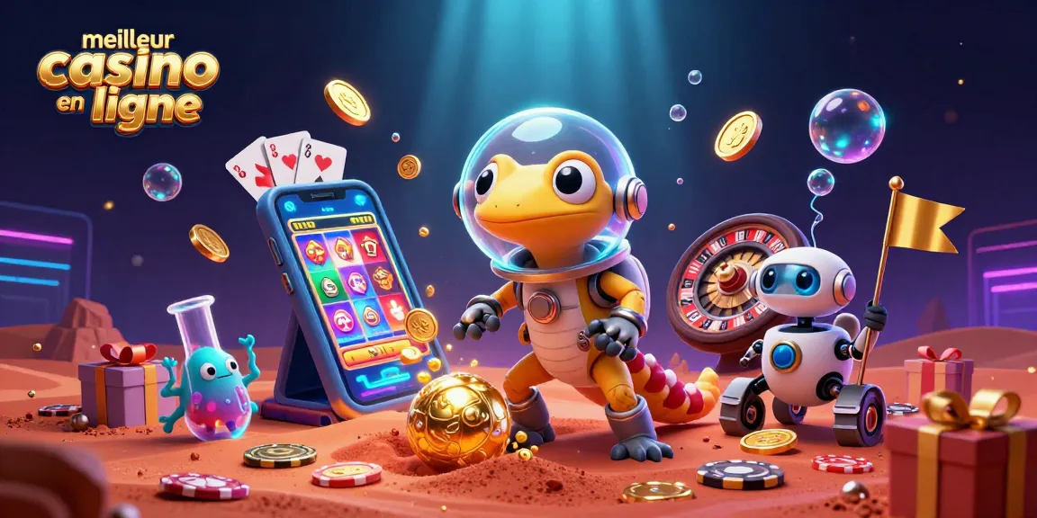 Découvrez les meilleurs casinos en ligne avec un gecko Martien et son robot sous un casino doré.